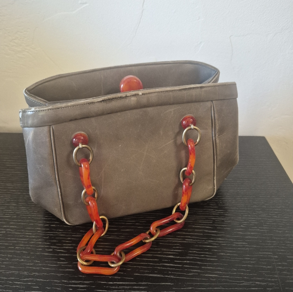 Vintage Handbag Bakelite Chain Handles Paris Army Green Leather